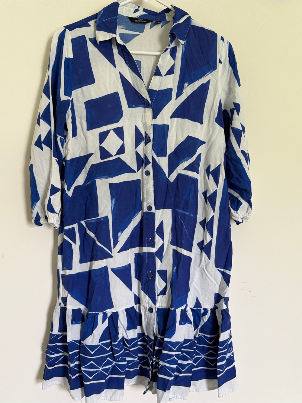 Mlle Gabrielle Blue and White Geometric Long Sleeve Shirt Dress